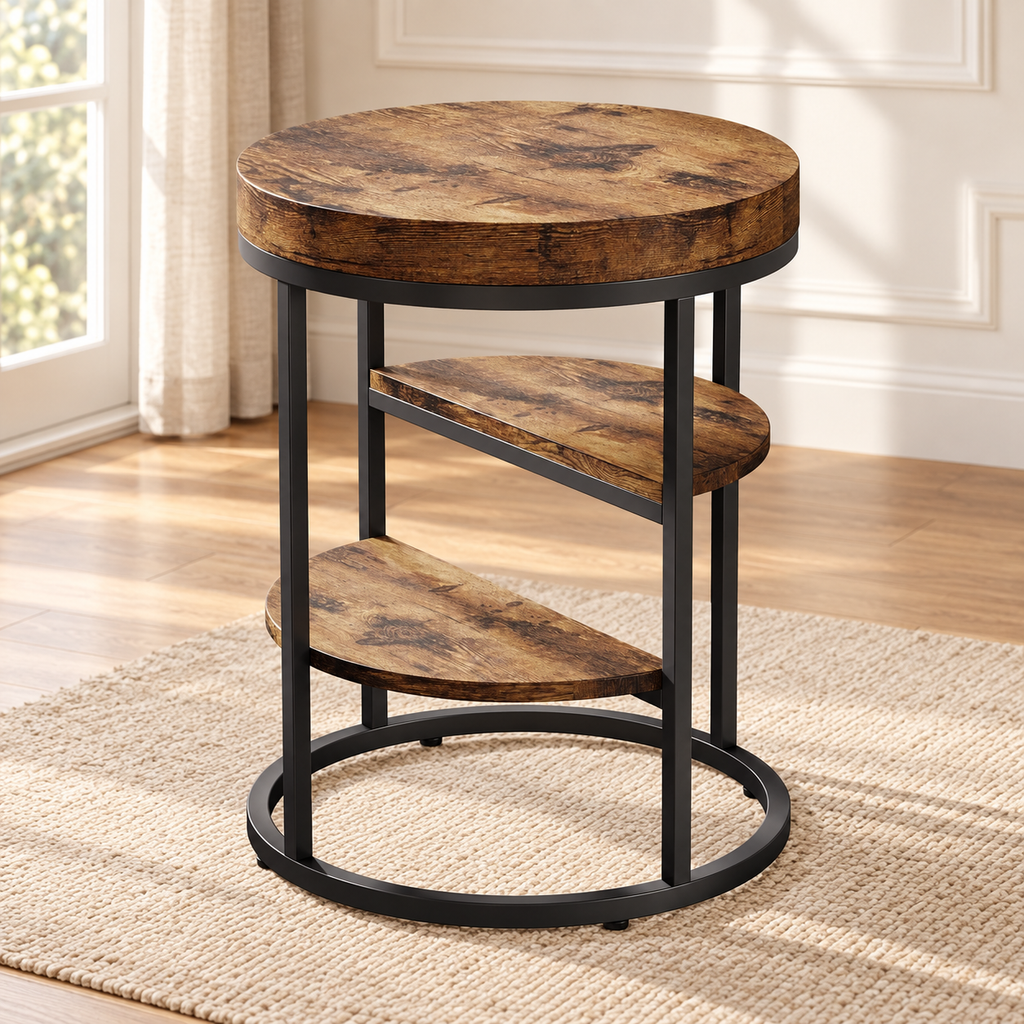 Table d’appoint ronde 50 cm – 2 tablettes, métal noir — produit seul dans un intérieur de maison