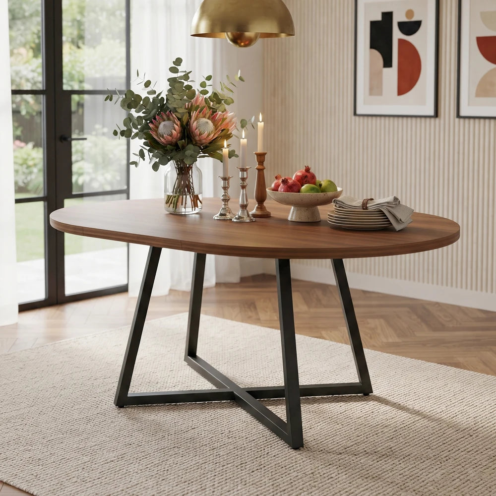 Table à manger ronde extensible Rond-Point 100/100 cm — plateau noyer 3 cm et piètement métal croisé – vue produit
