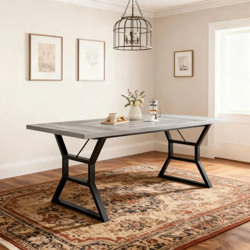 Table à manger Béton 180 cm — plateau effet béton gris et piètement métal noir géométrique – vue produit