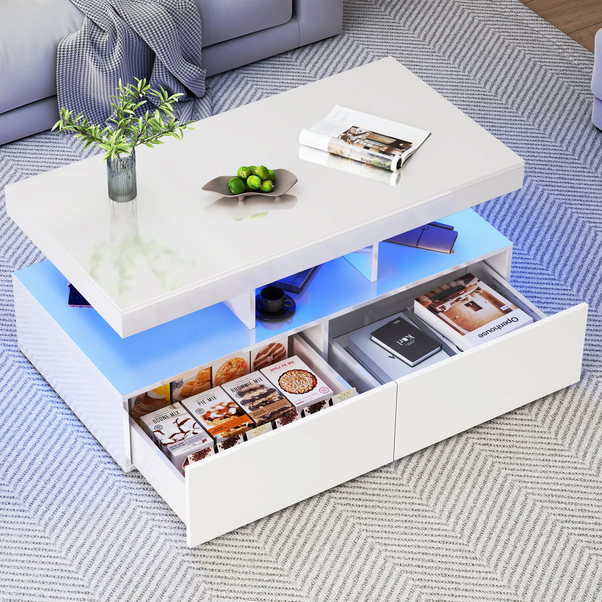 Table basse blanc brillant 104 cm à LED et 2 tiroirs – finition BLANC