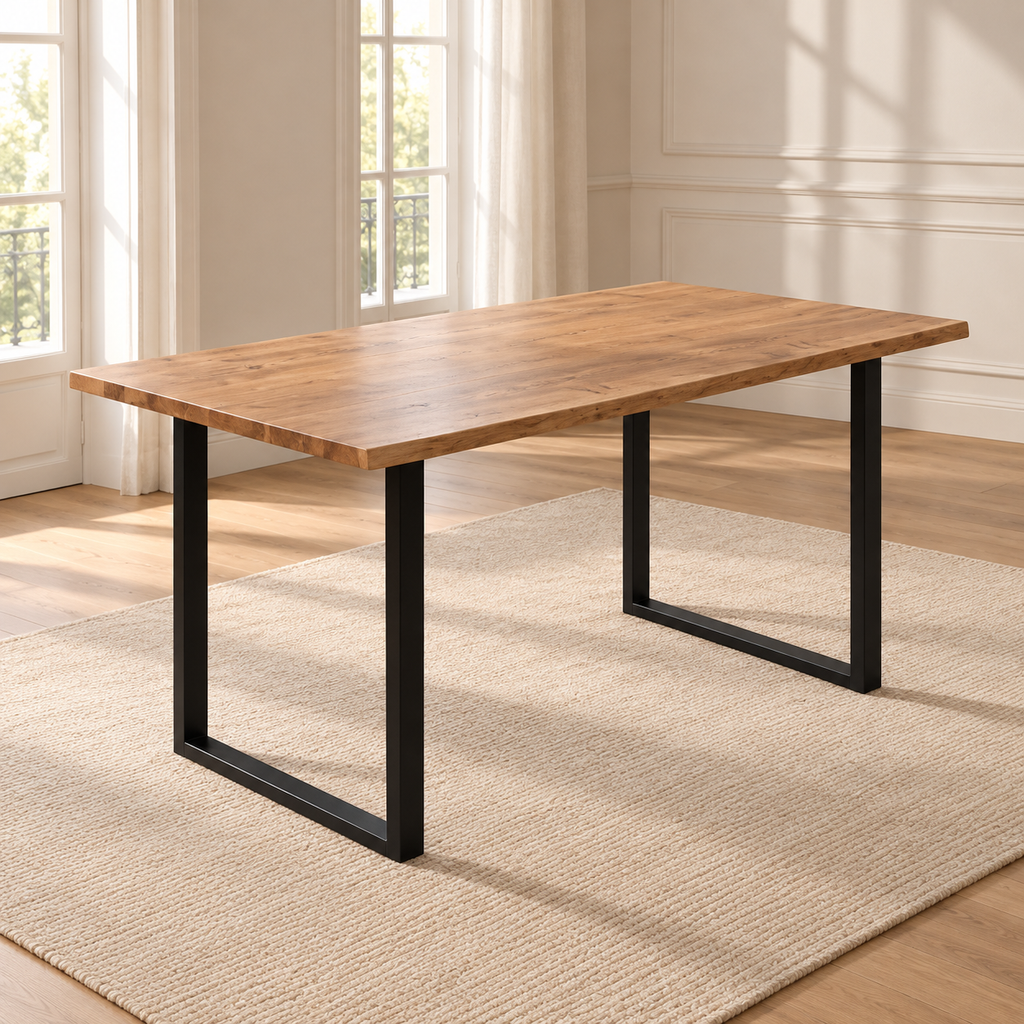 Table à manger acacia massif 140 cm – pieds métal en U — produit seul dans un intérieur de maison
