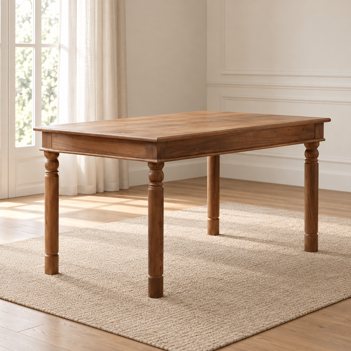 Table à manger acacia massif 120 cm – pieds tournés — produit seul dans un intérieur de maison