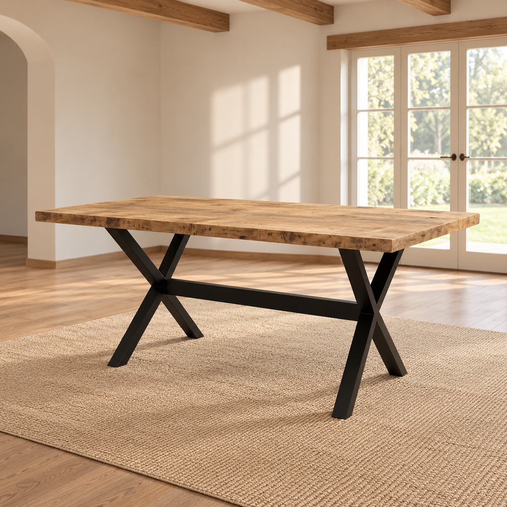 Table à manger manguier massif 140 cm – pieds acier en X — produit seul dans un intérieur de maison