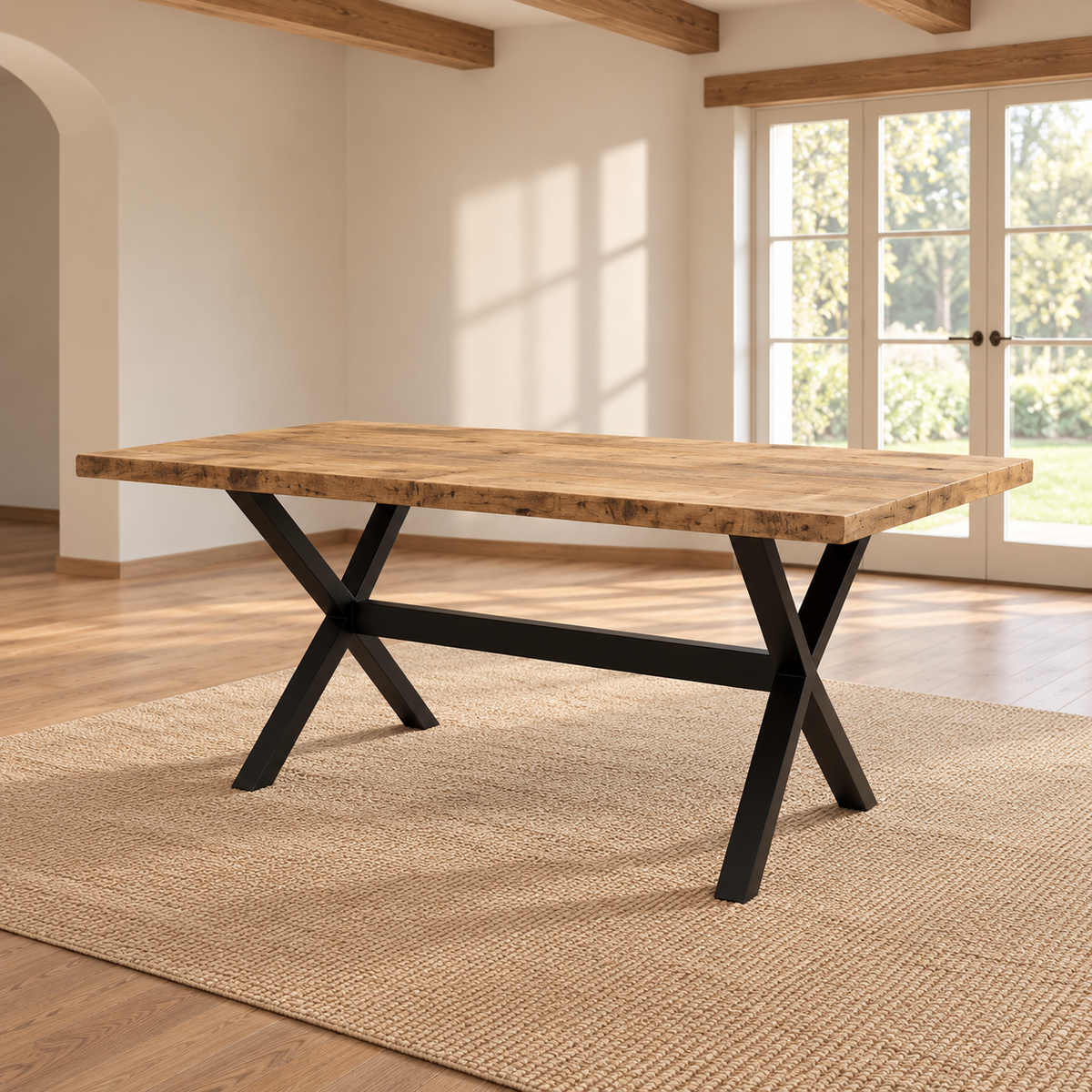Table à manger manguier massif 140 cm – pieds acier en X — produit seul dans un intérieur de maison