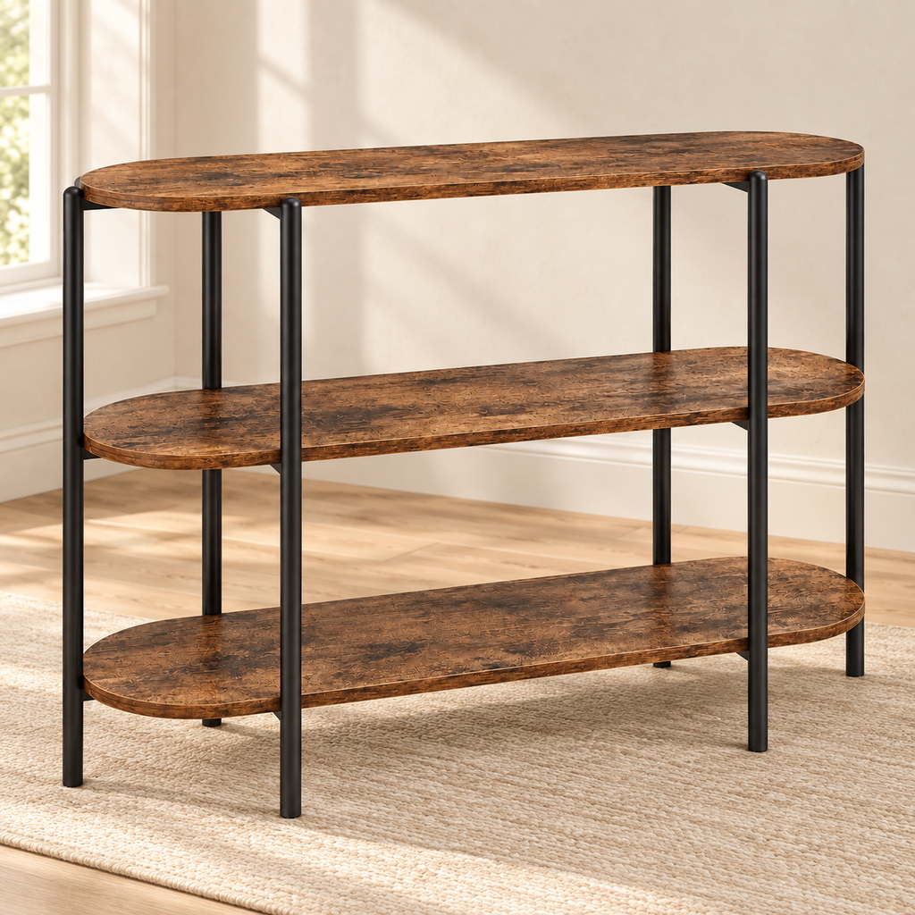 Console ovale 120 cm — 3 niveaux effet bois et métal noir — produit seul dans un intérieur de maison