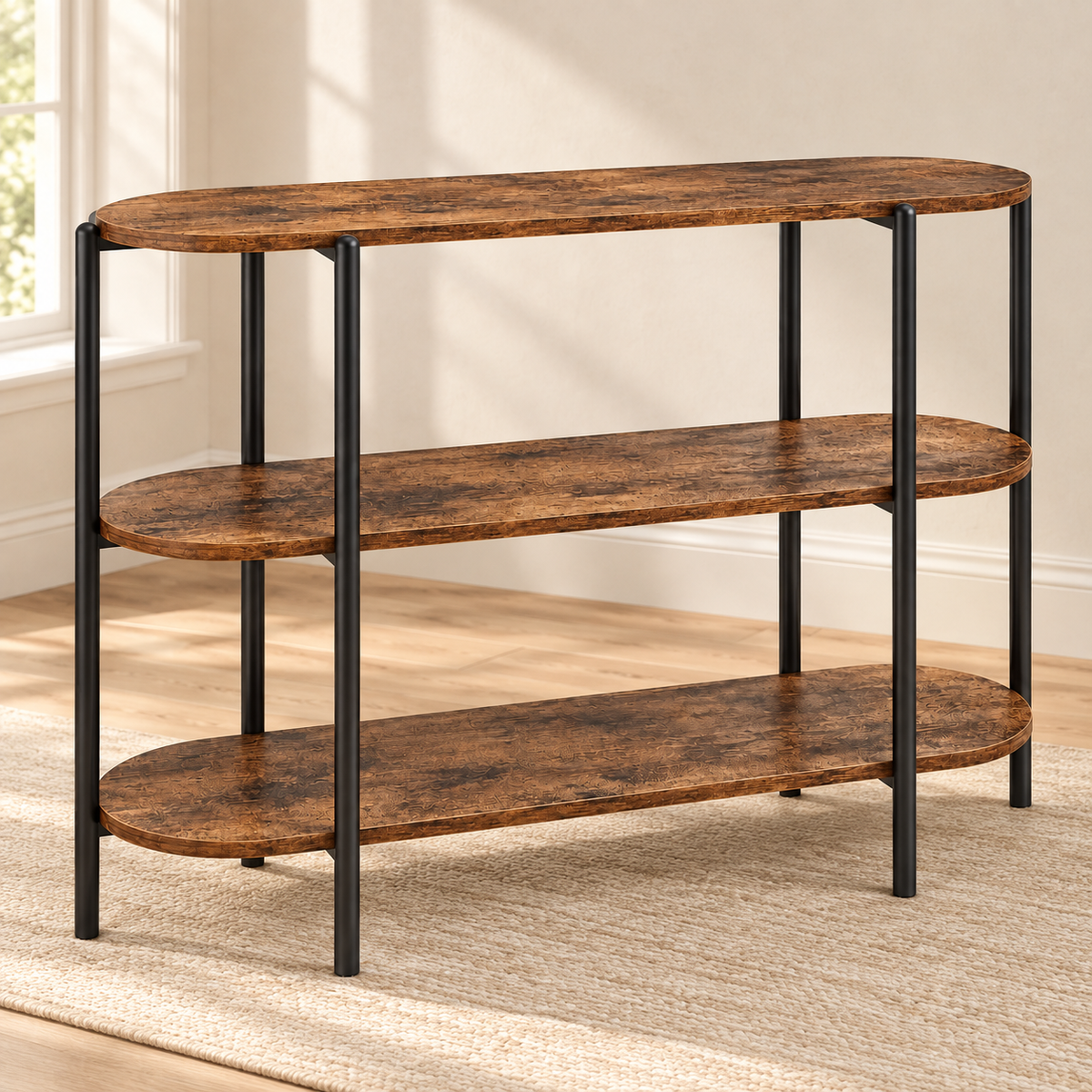 Console ovale 120 cm — 3 niveaux effet bois et métal noir — produit seul dans un intérieur de maison