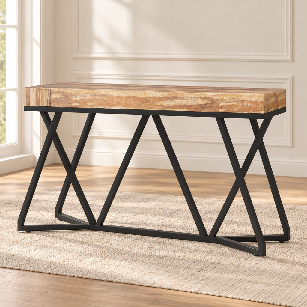 Console Croisillons 140 cm – effet chêne, métal noir — produit seul dans un intérieur de maison