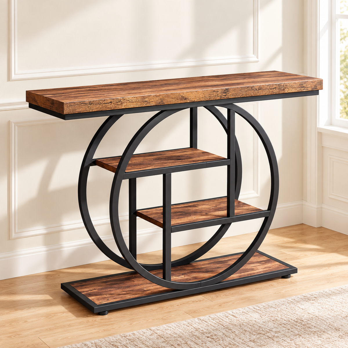 Console Cercle 105 cm — 4 niveaux effet bois et métal noir — produit seul dans un intérieur de maison