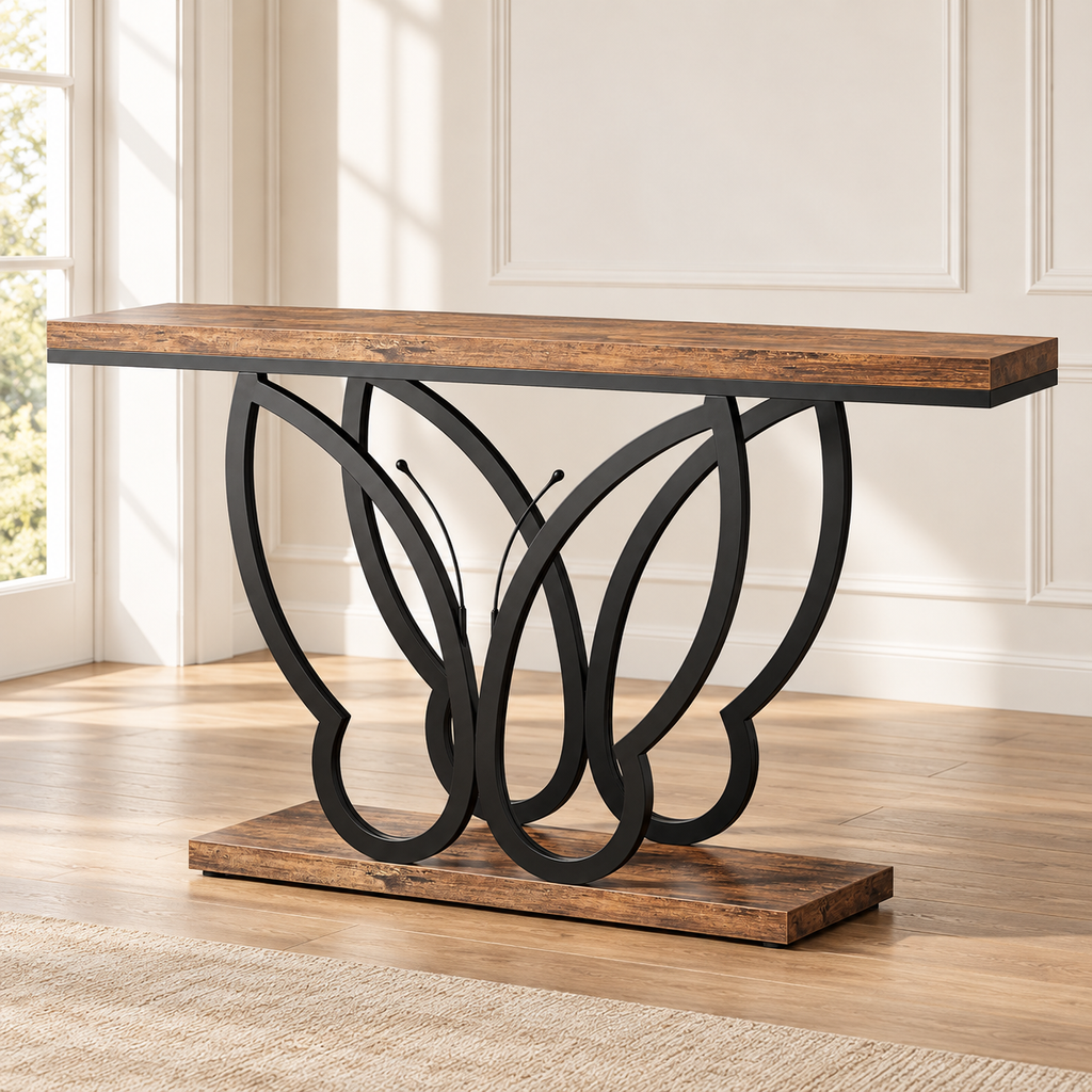 Console Papillon 140 cm — effet noyer et métal noir — produit seul dans un intérieur de maison