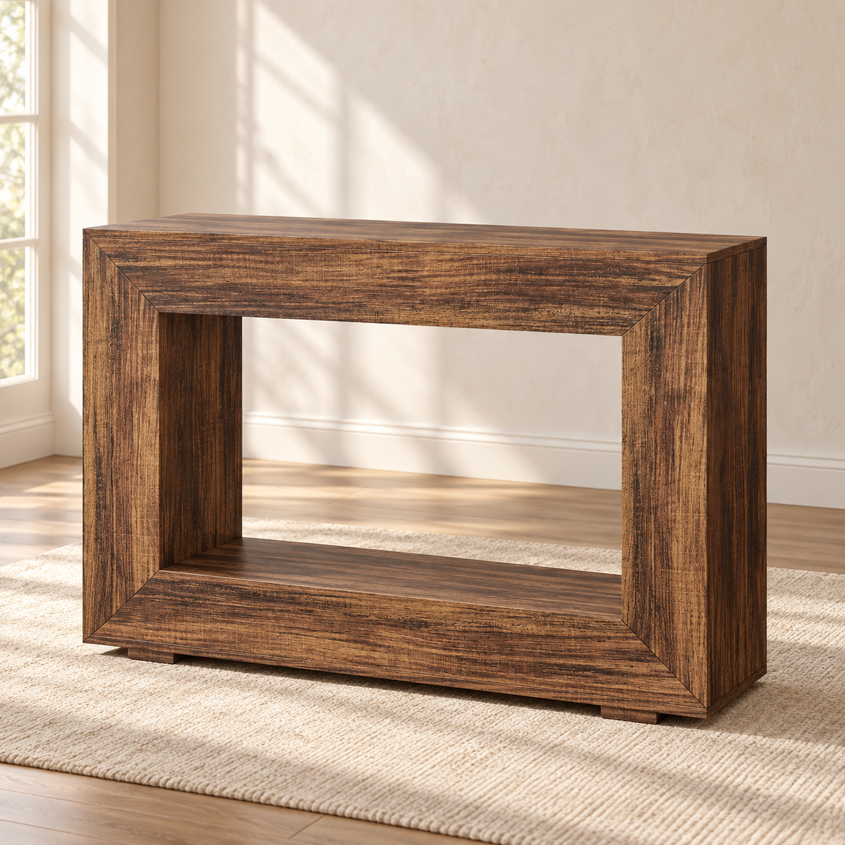 Console Cadre 120 cm – effet noyer, étagère basse — produit seul dans un intérieur de maison