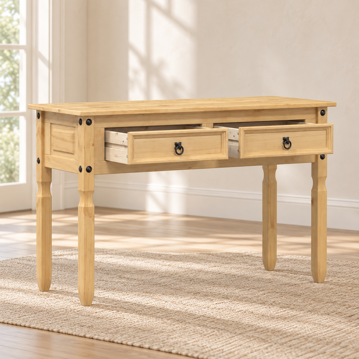 Console Sylvain 115 cm – pin massif, 2 tiroirs — produit seul dans un intérieur de maison