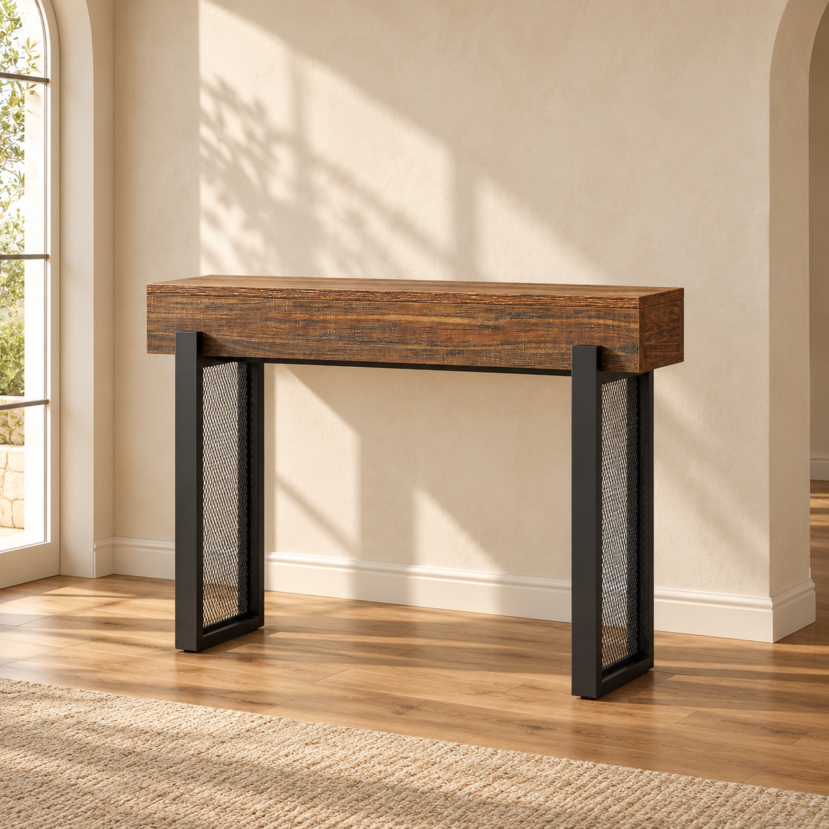 Console Corridor 105 cm – effet bois, métal ajouré — produit seul dans un intérieur de maison