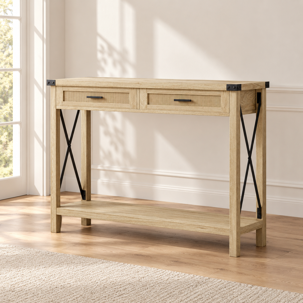 Console 109 cm — 2 tiroirs et rangements ouverts — produit seul dans un intérieur de maison
