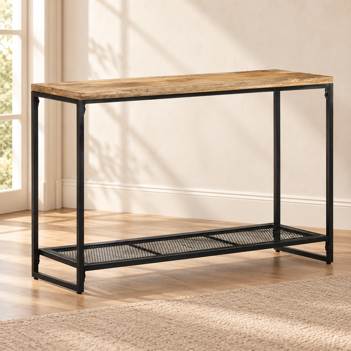 Console Mangaro 110 cm — manguier massif et fer noir — produit seul dans un intérieur de maison