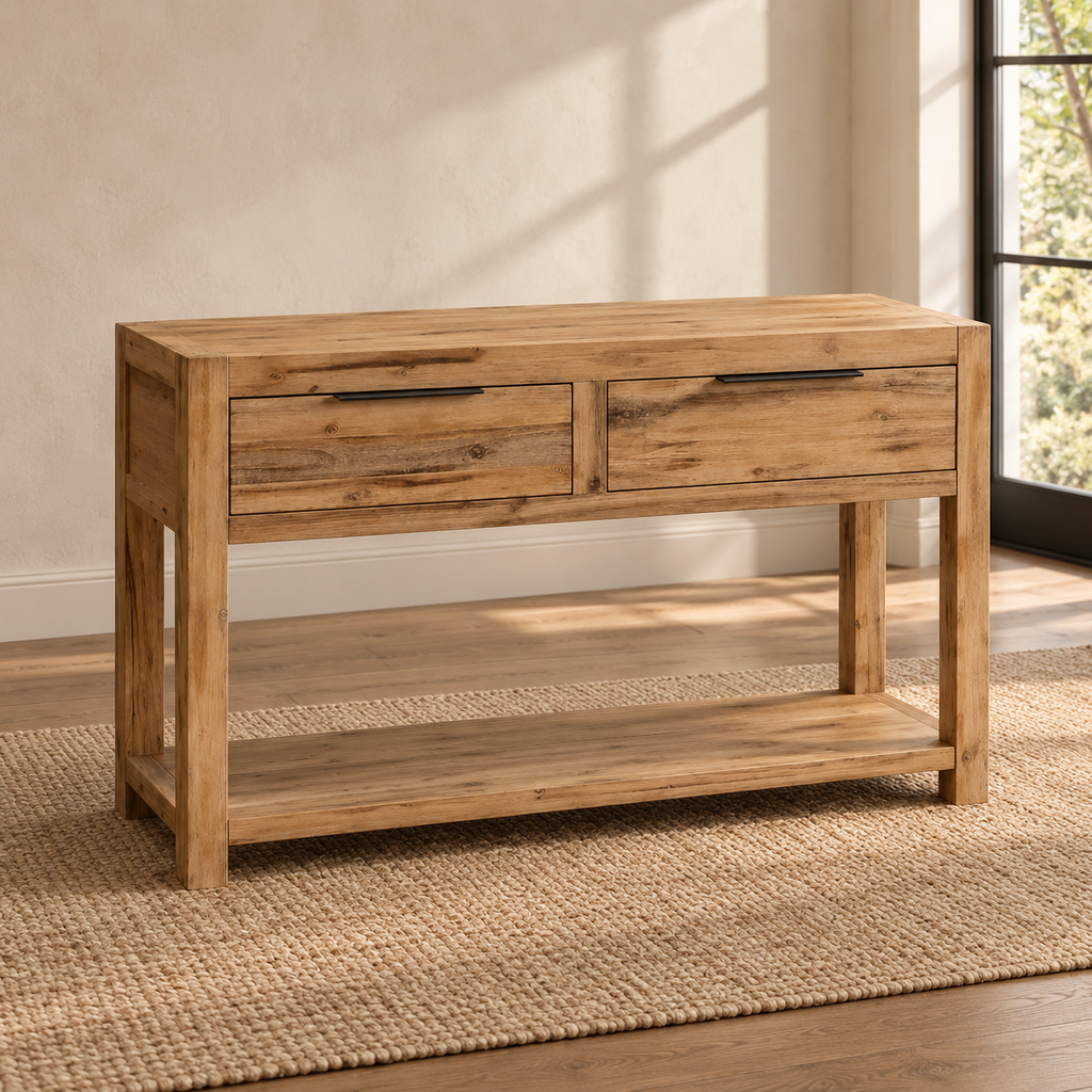 Console Acacio 82 cm – acacia massif, 2 tiroirs — produit seul dans un intérieur de maison