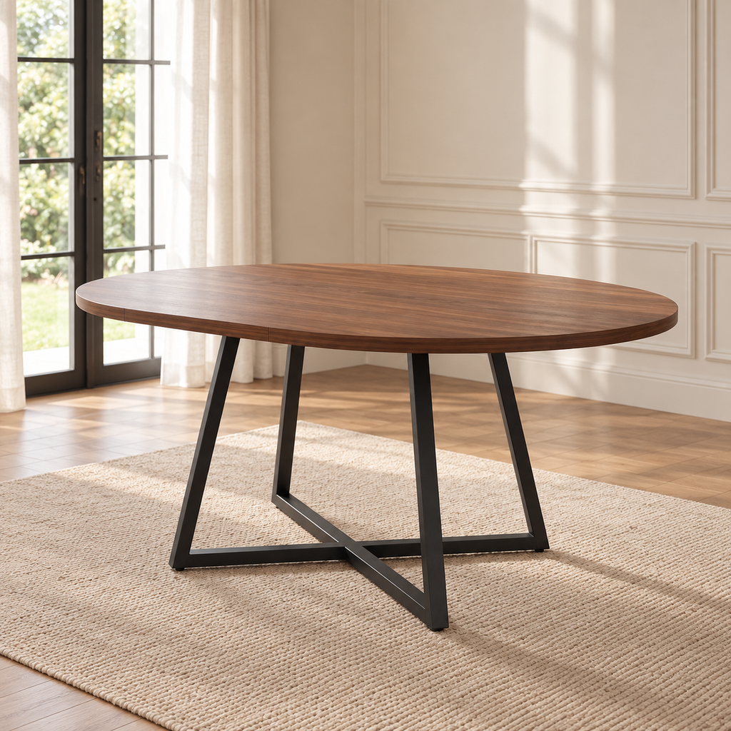 Table à manger extensible 100–140 × 100 cm — finition noyer et pieds métal croisés — produit seul dans un intérieur de maison