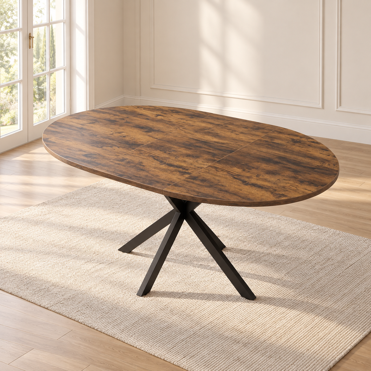 Table à manger ronde extensible 100/135 cm — effet bois rustique — produit seul dans un intérieur de maison