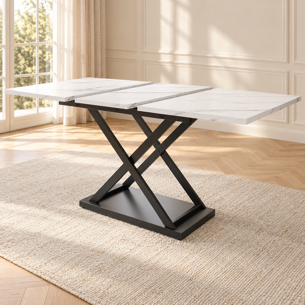 Table à manger extensible Croisel 120/160 cm — effet noyer et pied en X — produit seul dans un intérieur de maison