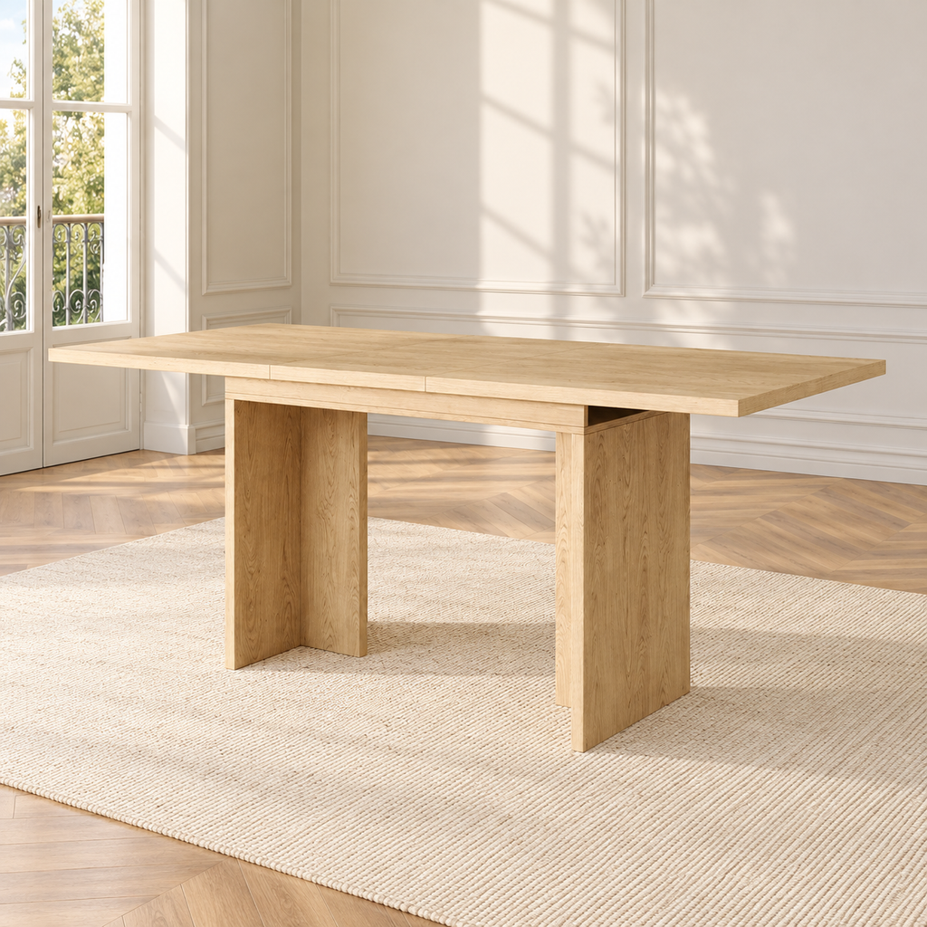 Table à manger extensible Panneau 140/180 cm — effet chêne clair — produit seul dans un intérieur de maison