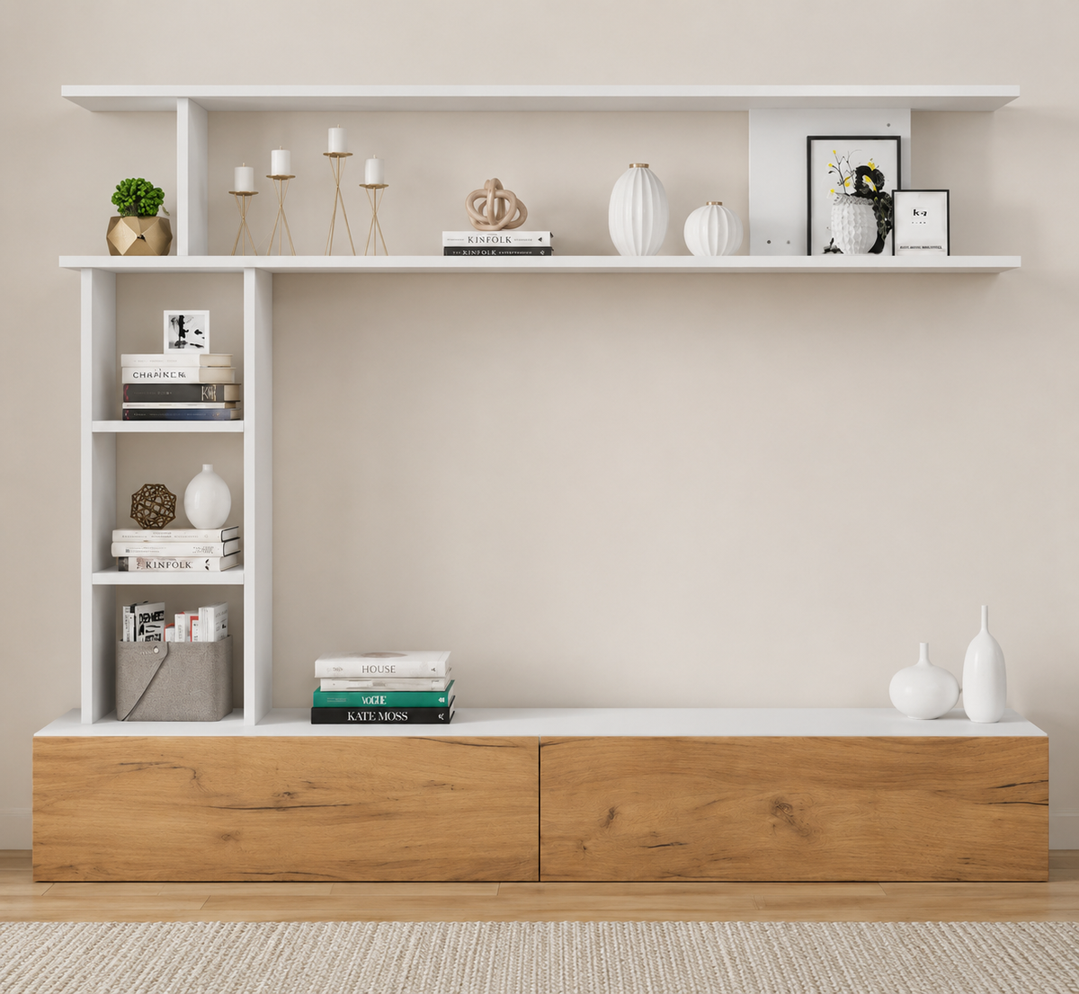 Ensemble Meuble TV 3 pièces avec vitrines 180 cm - Blanc et bois — vue 