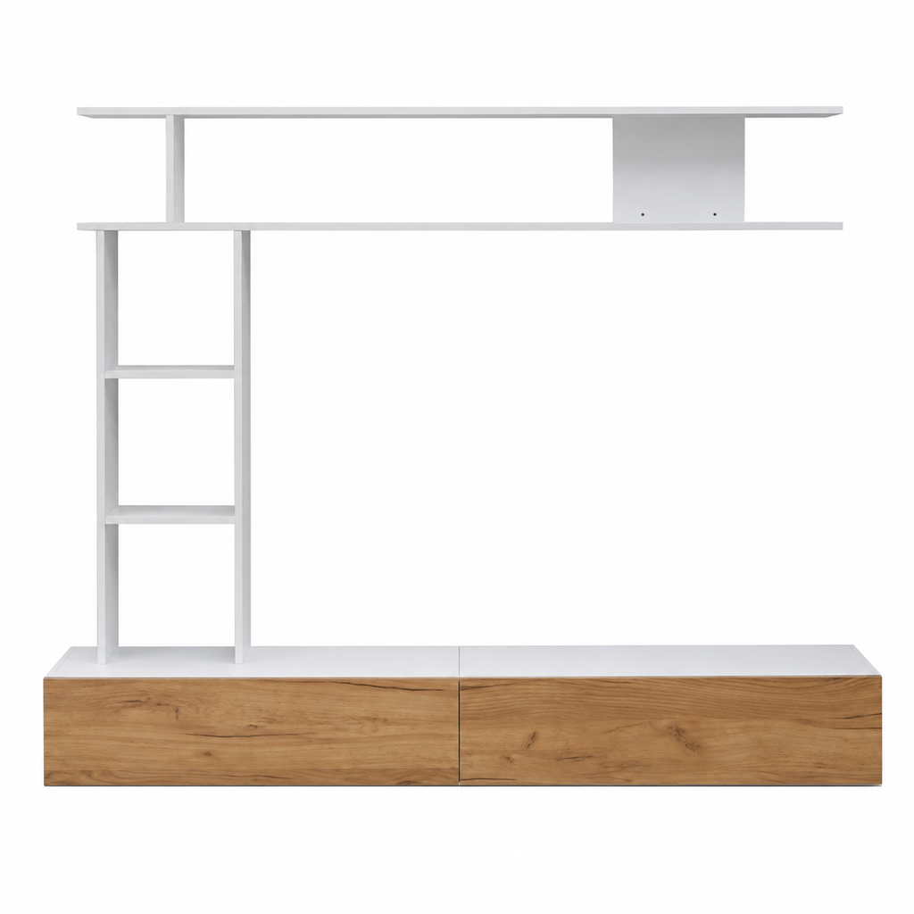Ensemble Meuble TV 3 pièces avec vitrines 180 cm - Blanc et bois — vue 2