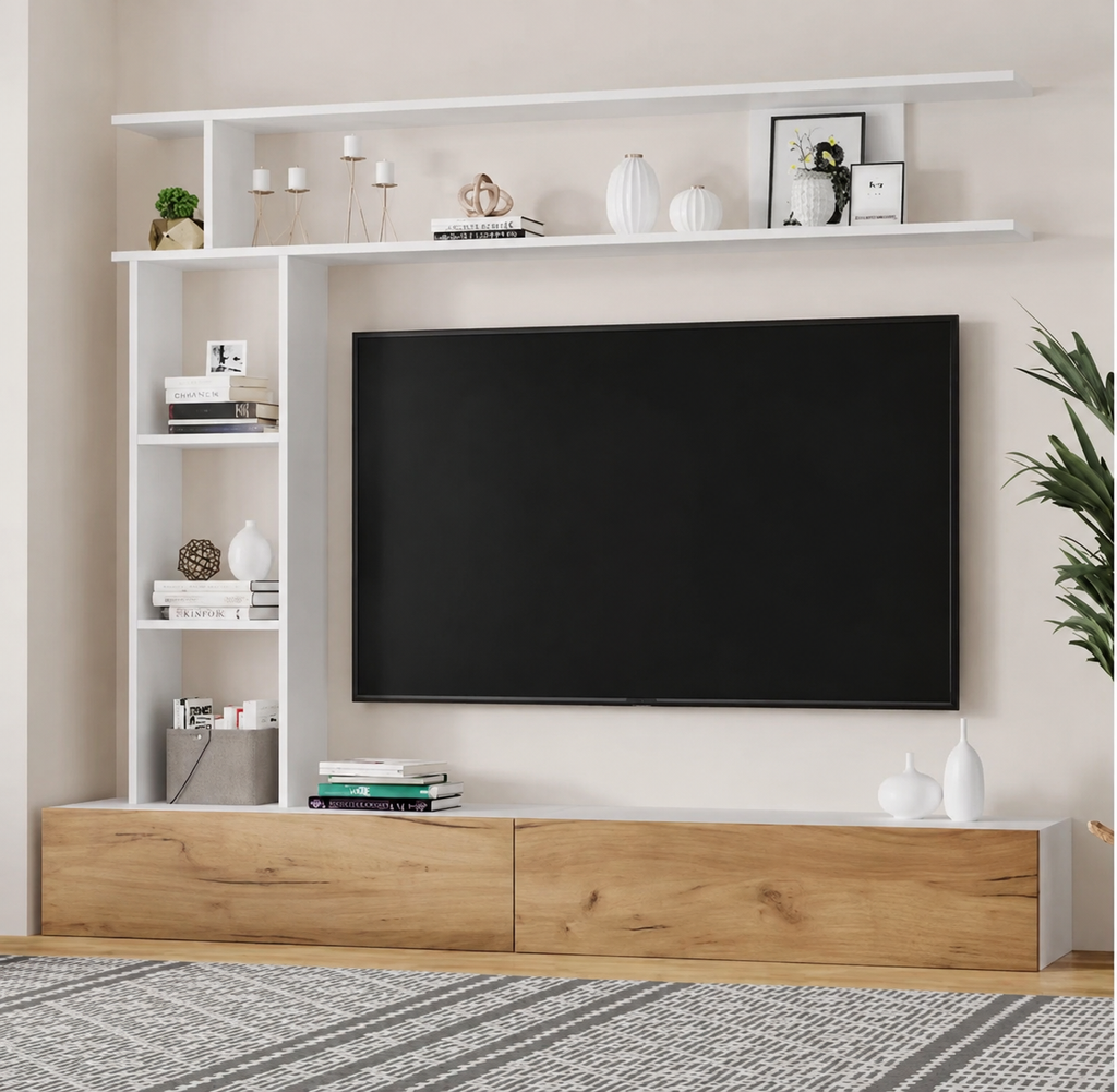 Ensemble Meuble TV 3 pièces avec vitrines 180 cm - Blanc et bois — vue 3