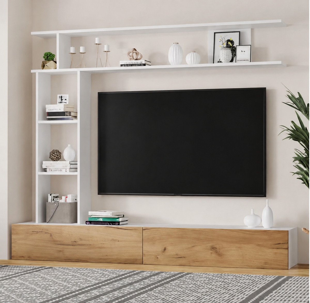 Ensemble Meuble TV 3 pièces avec vitrines 180 cm - Blanc et bois — vue 3