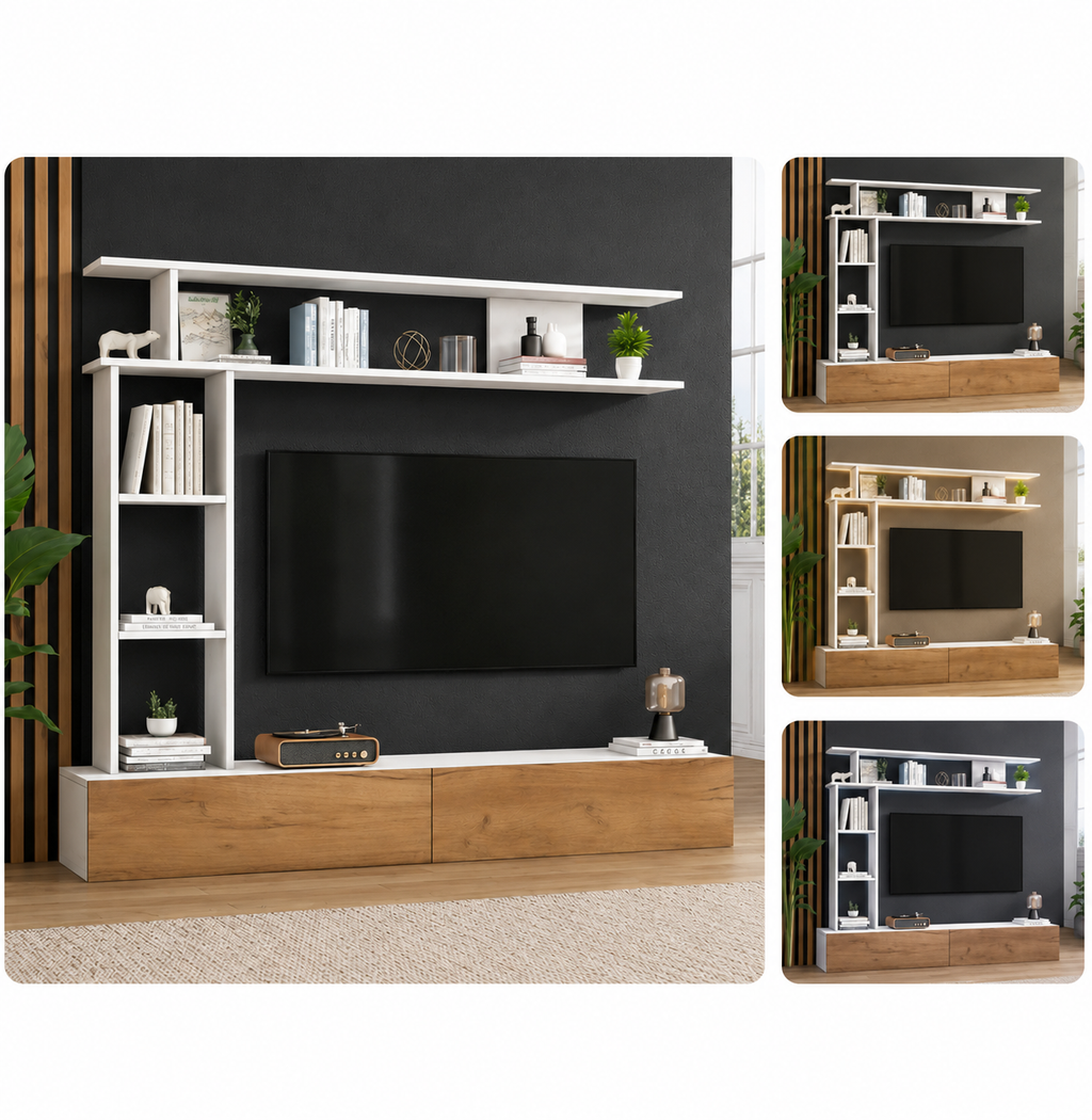 Ensemble Meuble TV 3 pièces avec vitrines 180 cm - Blanc et bois — vue 4