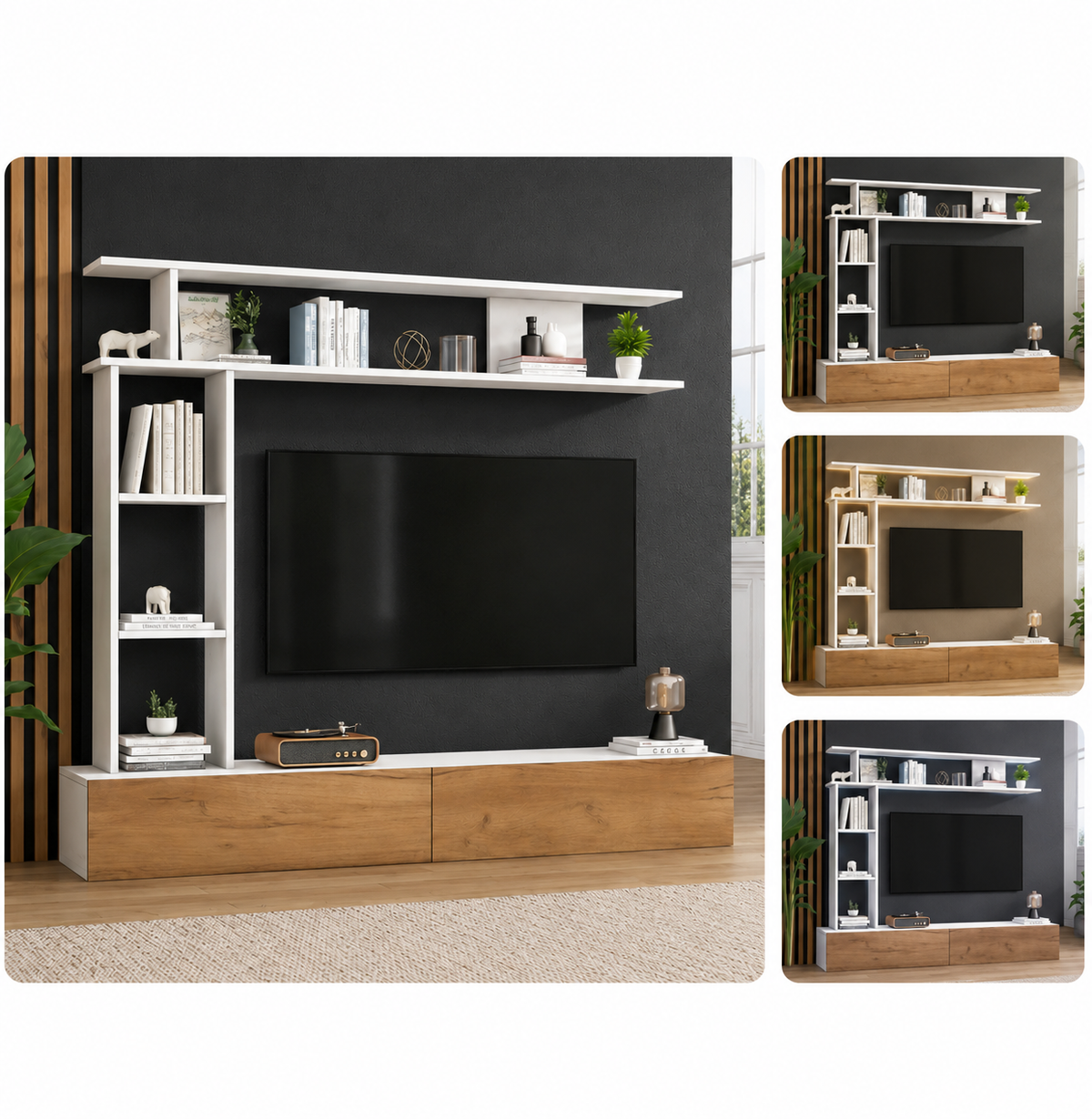 Ensemble Meuble TV 3 pièces avec vitrines 180 cm - Blanc et bois — vue 4
