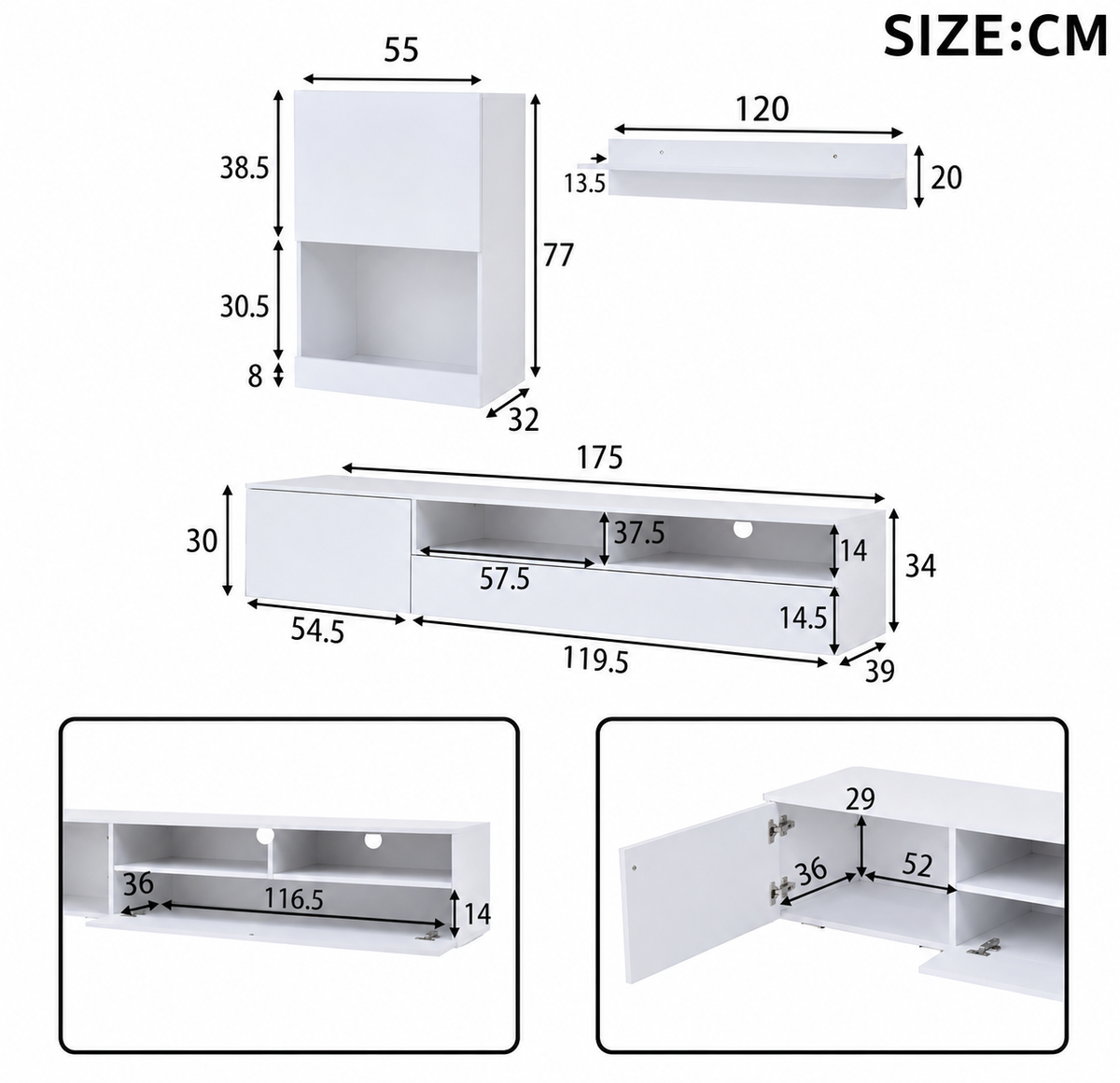 Ensemble meuble TV 175 cm avec vitrine et LED 2
