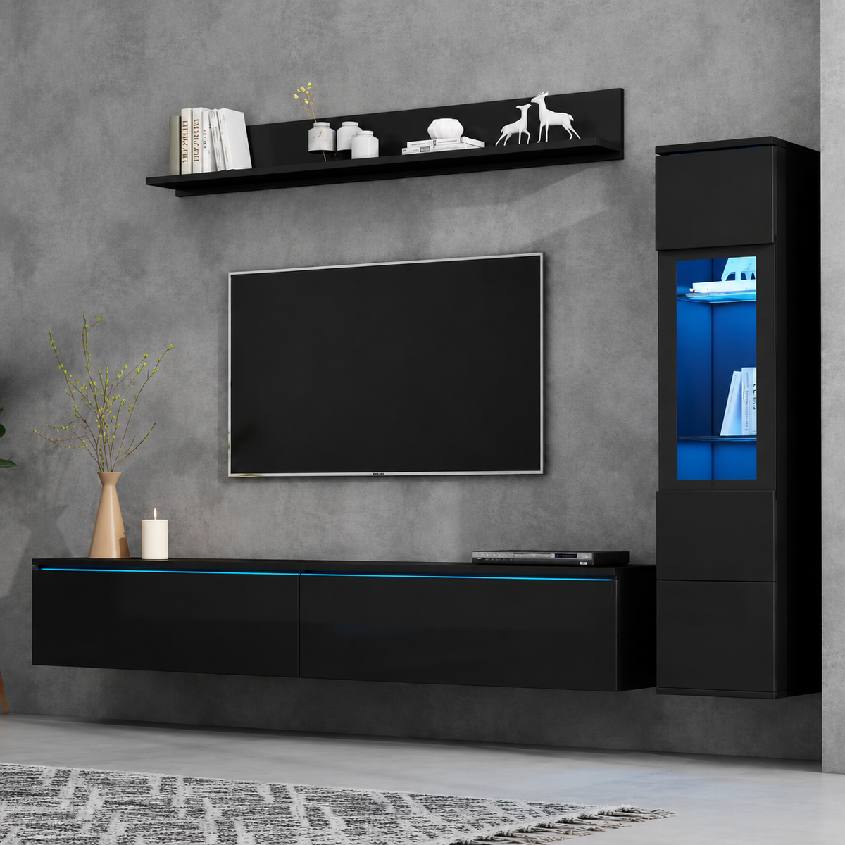 Ensemble meuble TV 3 pièces avec vitrine et LED — vue 3