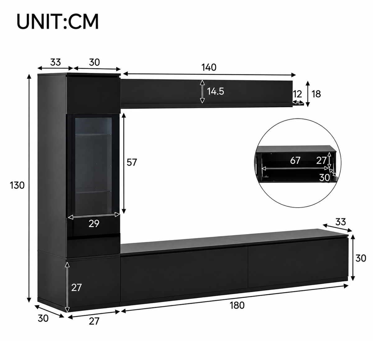 Ensemble meuble TV 3 pièces avec vitrine et LED — vue 4