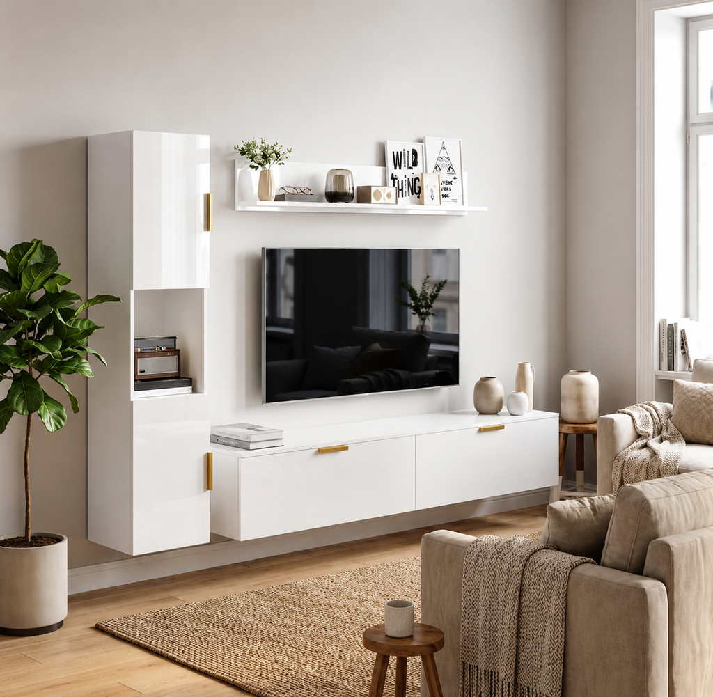 Ensemble meuble TV avec armoire latérale et étagère