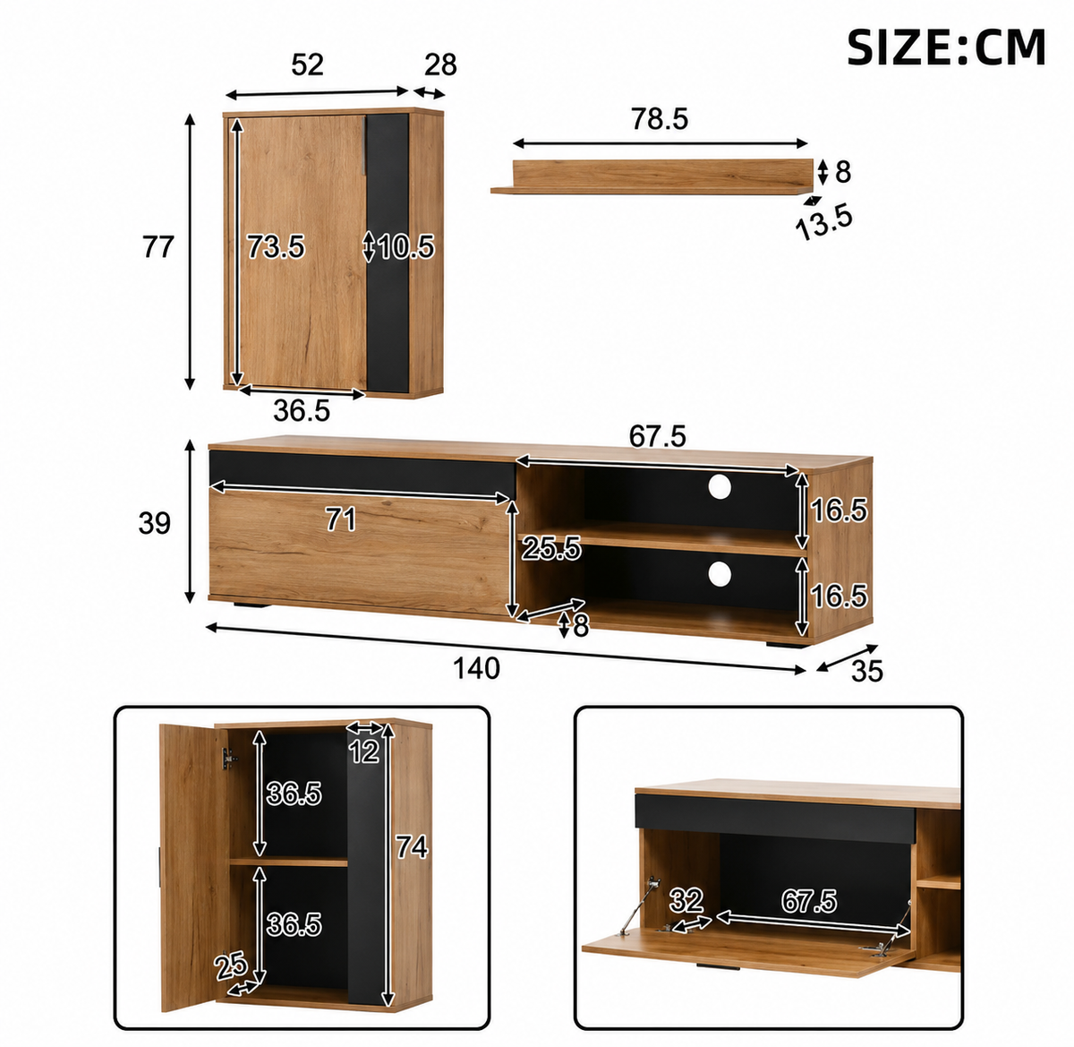 Ensemble meuble tv 140cm 3 pieces-5