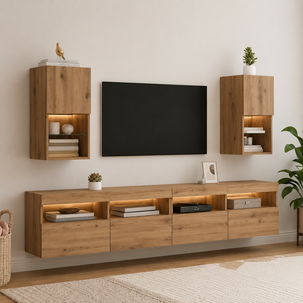 Ensemble mural TV 2 pièces chêne