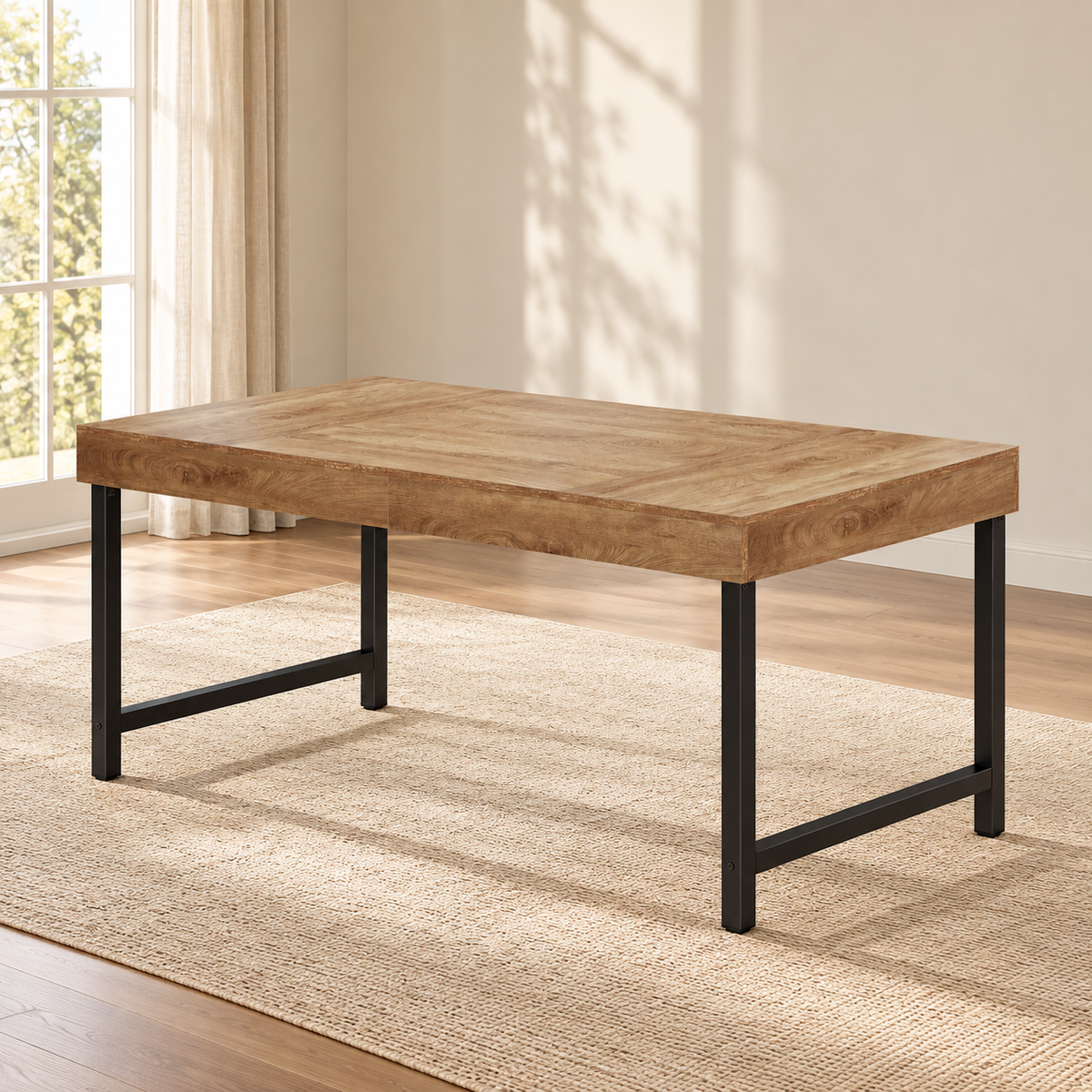 Table à manger industrielle Grange 140 cm — chêne rustique et métal noir — produit seul dans un intérieur de maison