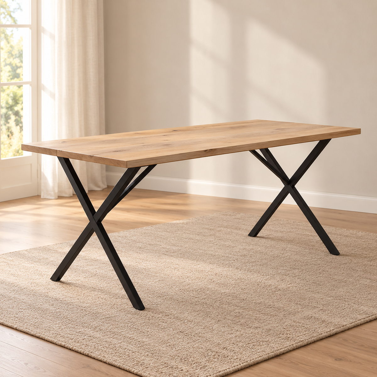 Table à manger industrielle Forgeat 180 cm – pin massif, pieds X acier noir — produit seul dans un intérieur de maison