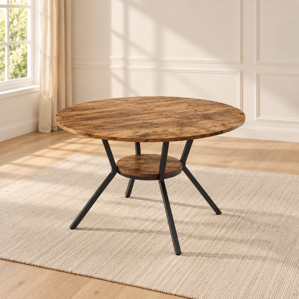 Table à manger ronde industrielle Bistro 120 cm — effet bois vintage et métal noir — produit seul dans un intérieur de maison