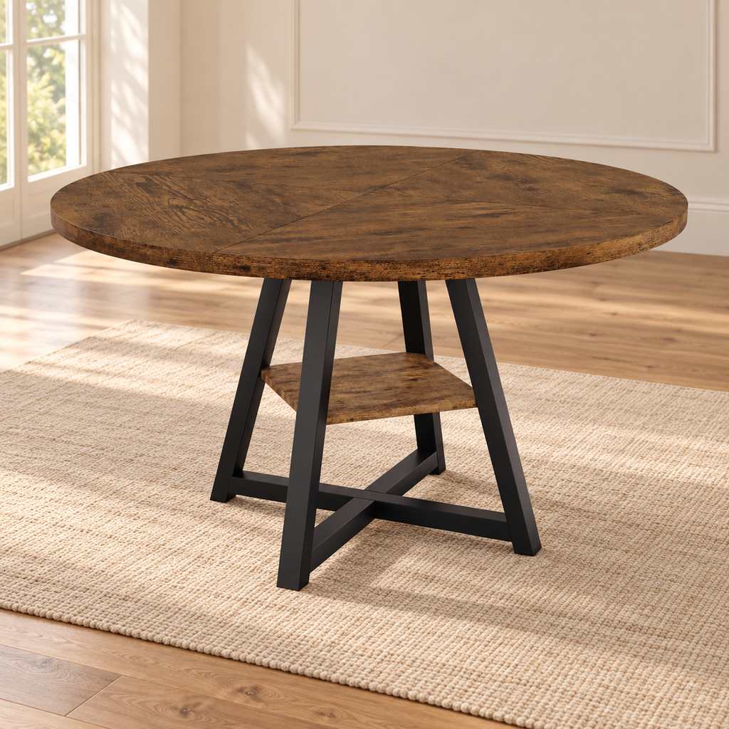 Table à manger ronde Rouille 120 cm — effet bois et base métal noir — produit seul dans un intérieur de maison