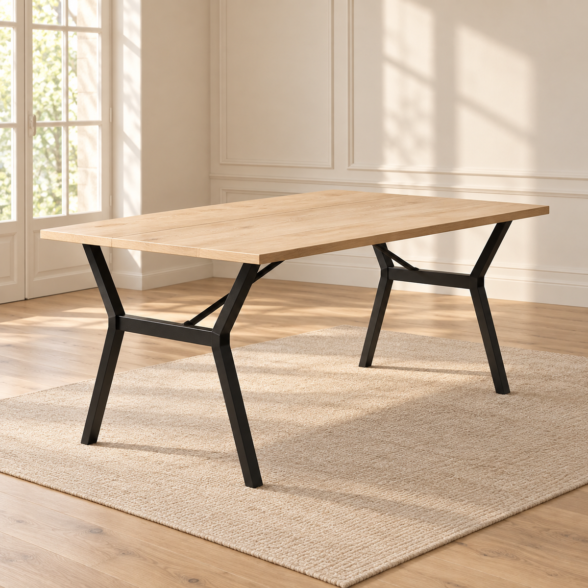 Table à manger industrielle en pin massif 180 cm – pieds métal noir en Y — produit seul dans un intérieur de maison