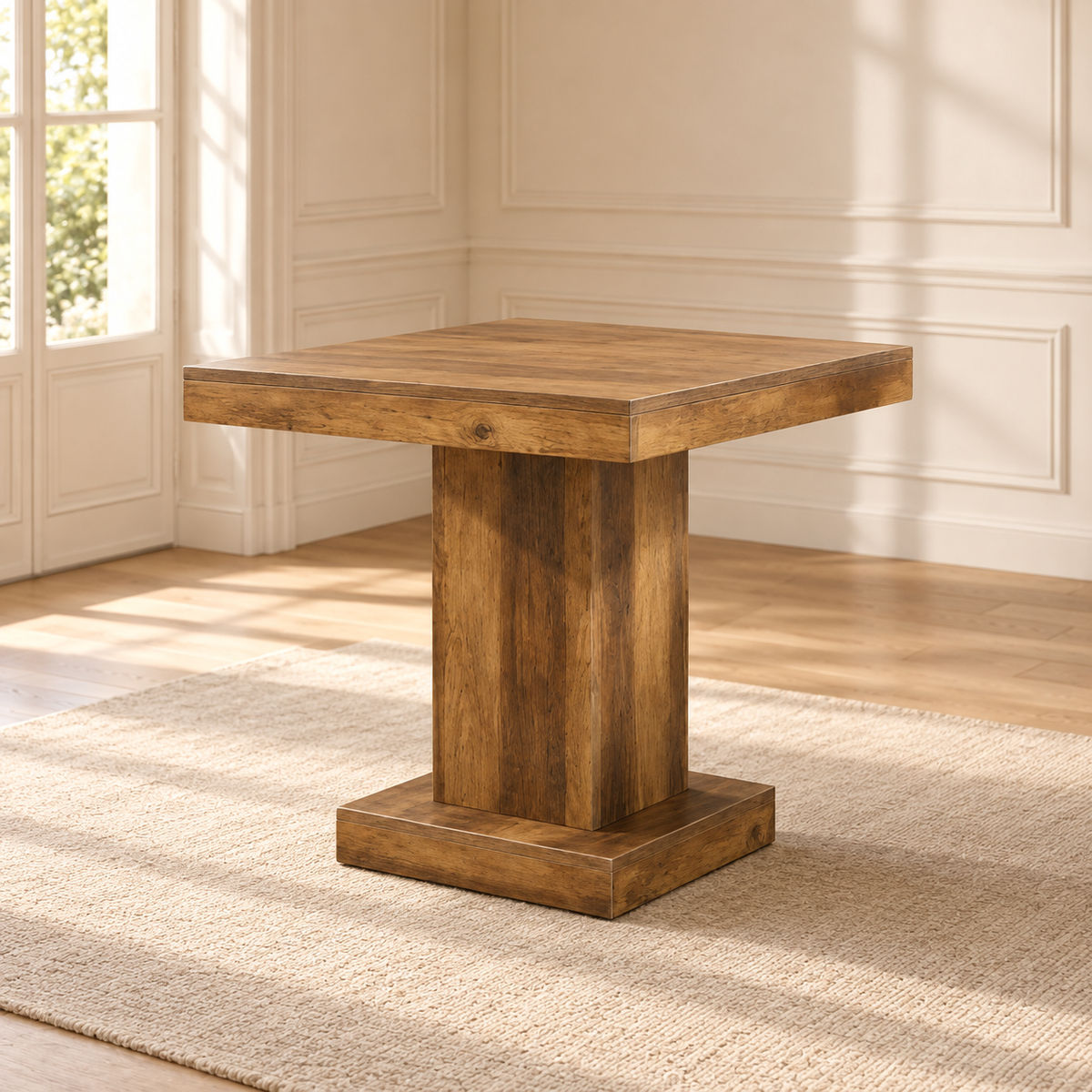 Table à manger carrée noire 80 cm – plateau effet bois, pieds métal — produit seul dans un intérieur de maison