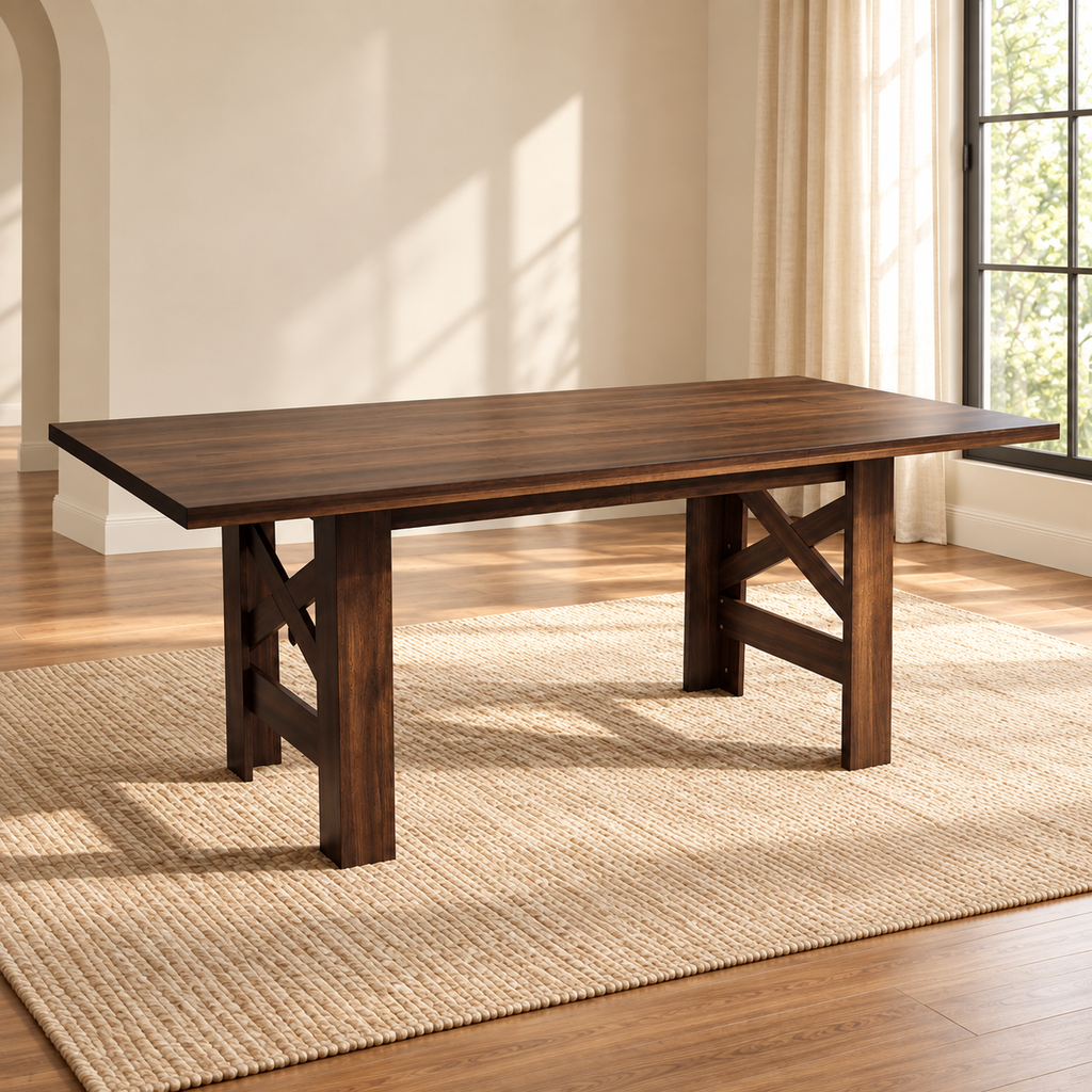 Table à manger industrielle Charpente 180 cm — effet noyer — produit seul dans un intérieur de maison