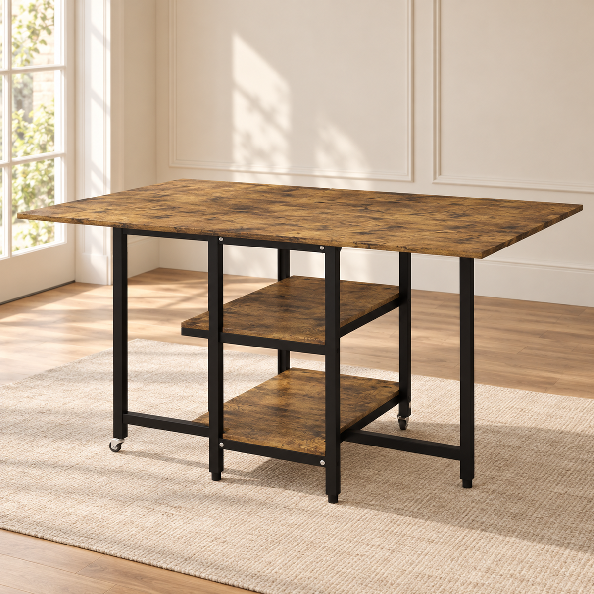 Table de cuisine pliante industrielle 140 x 80 cm – 2 étagères, roulettes — produit seul dans un intérieur de maison