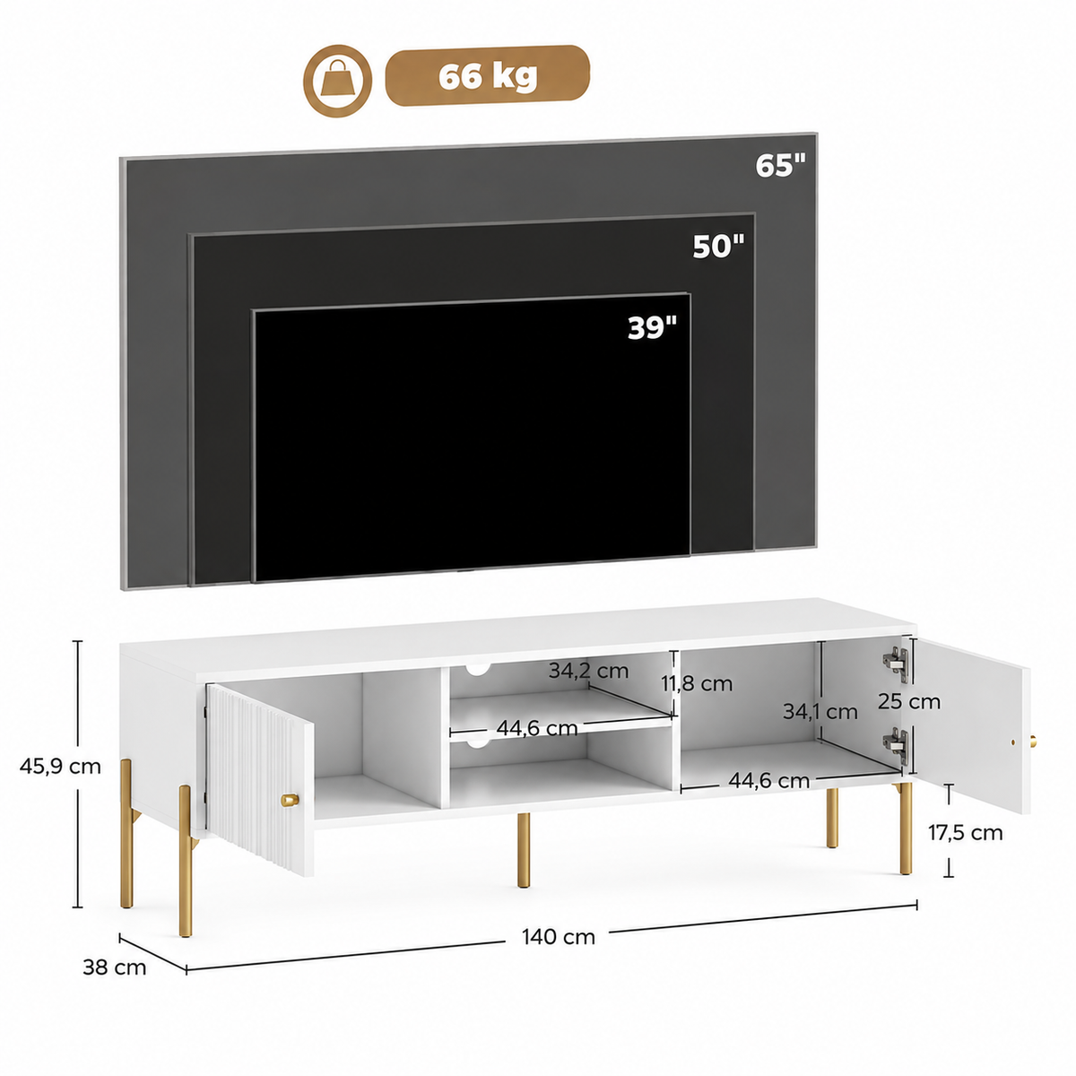 Meuble TV 140 cm 2 portes avec passe-câbles — vue 4