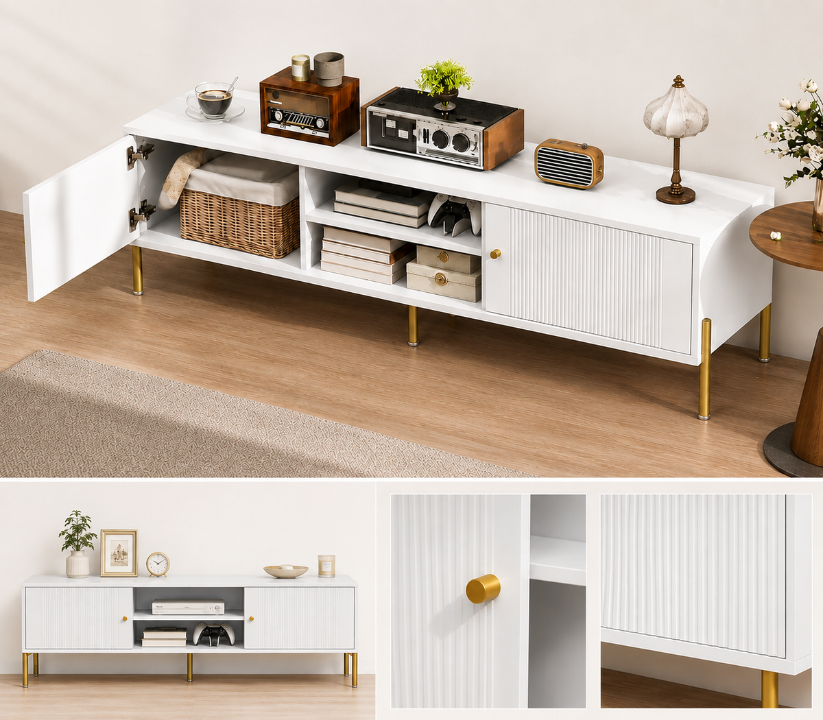 Meuble TV 140 cm 2 portes avec passe-câbles — vue 8