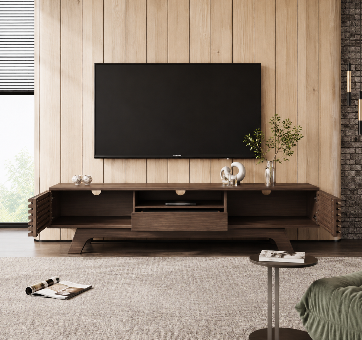 Meuble TV 150 cm 1 tiroir 2 portes décor bois — vue 4