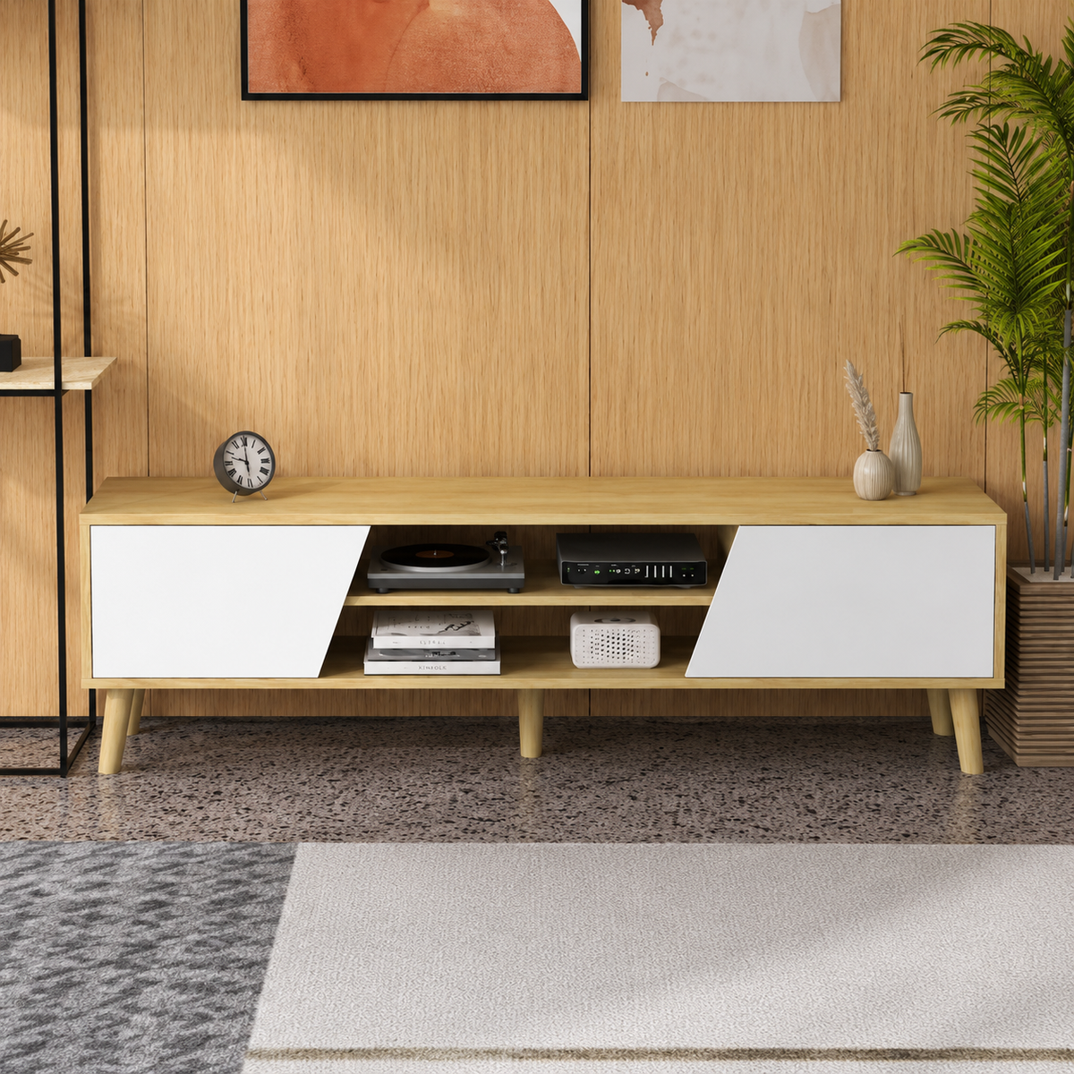Meuble TV 150 cm 2 portes pieds bois 1