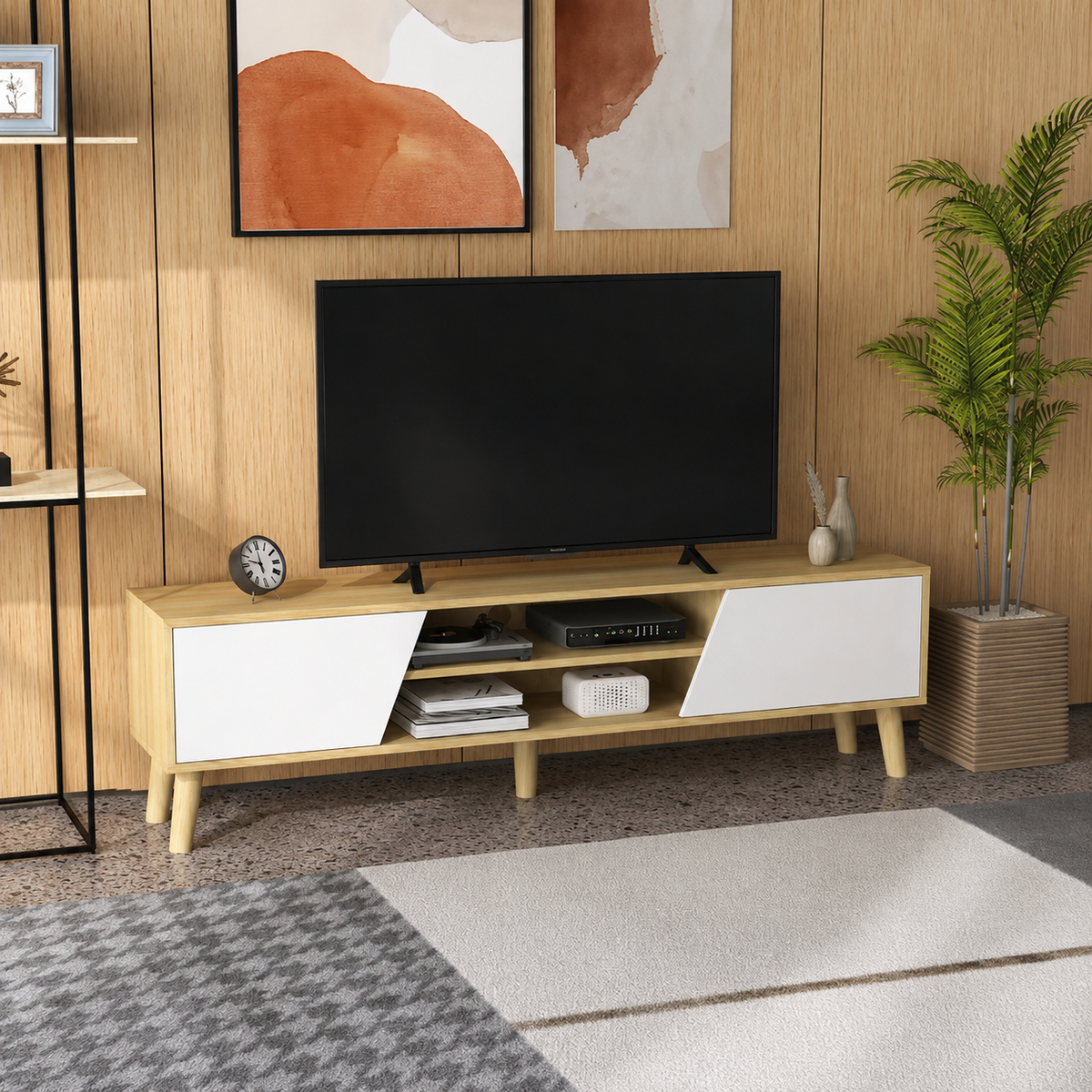 Meuble TV 150 cm 2 portes pieds bois — vue 2