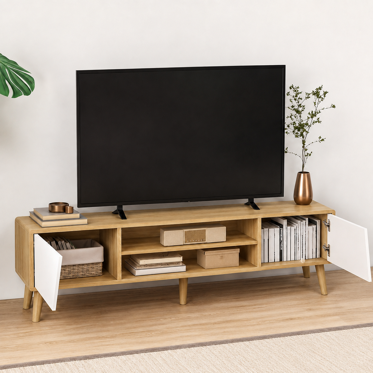 Meuble TV 150 cm 2 portes pieds bois — vue 3
