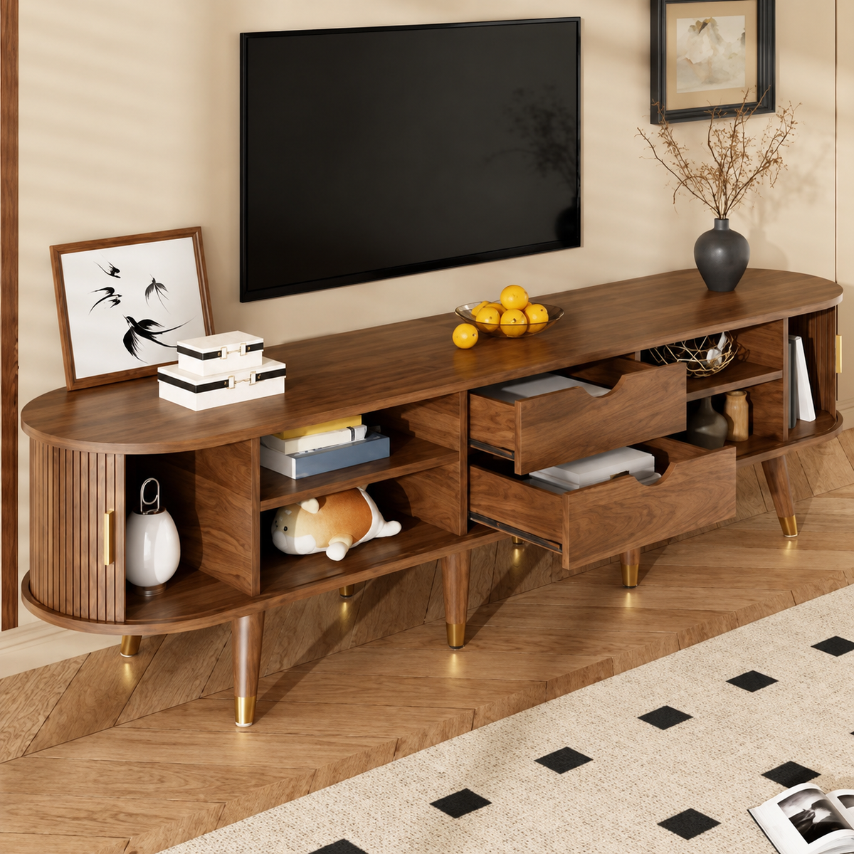 Meuble TV 175 cm portes coulissantes cannage - Noyer — vue 3